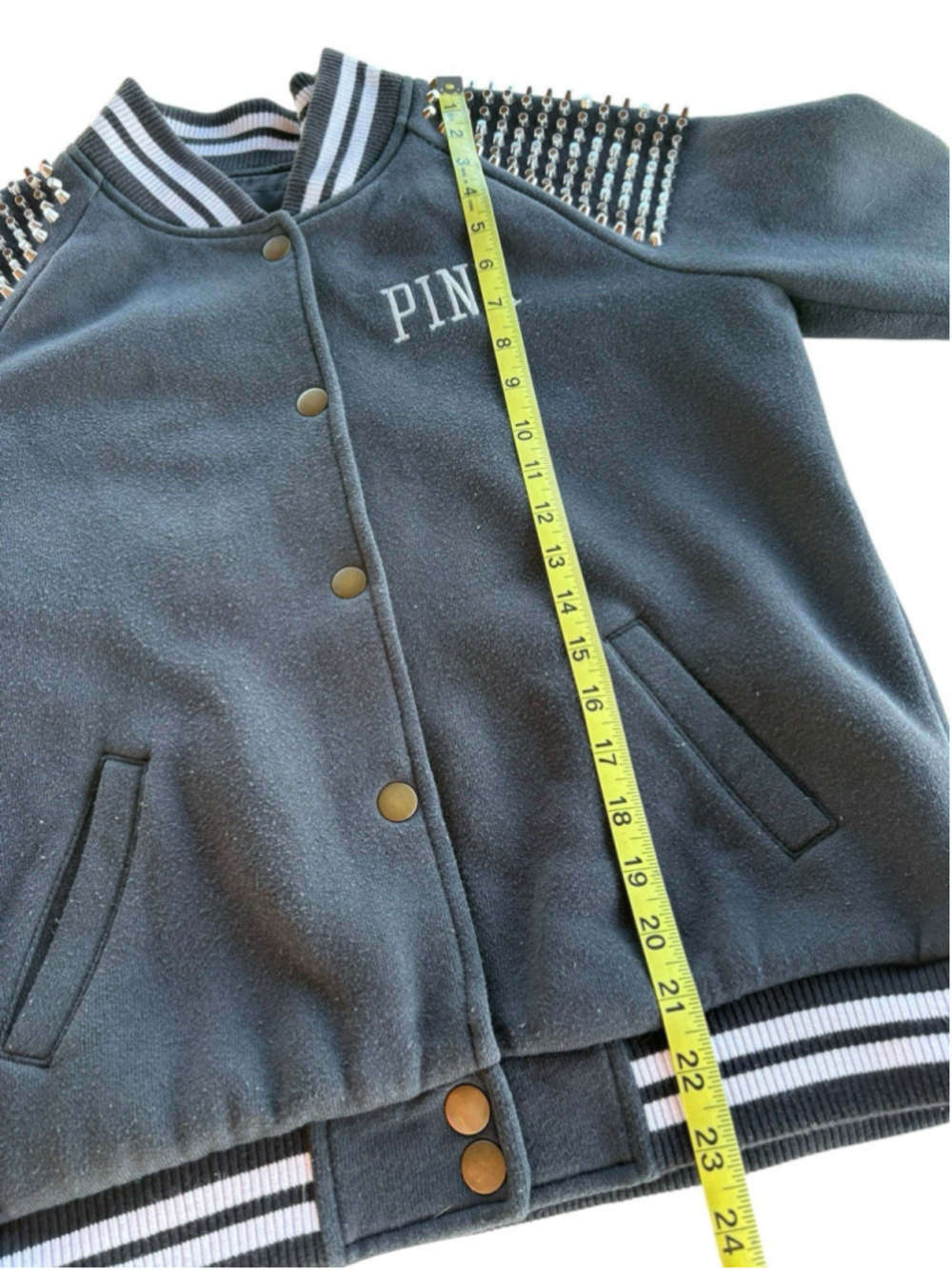 PINK Victoria Secret Black Studded Varsity Bomber Jacket Small Coat - Picture 9 of 11